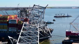 Container Removal Begins After Key Bridge Collapse in Baltimore, USA