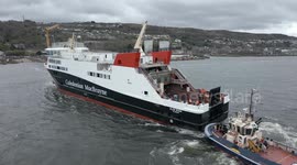 Aerial footage of launch of MV Glen Rosa passenger ferry at Port Glasgow, Scotland. UK