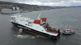 Aerial footage of launch of MV Glen Rosa passenger ferry at Port Glasgow, Scotland. UK