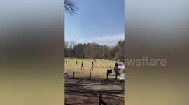 Dust devil wind blows tents in park in Japan