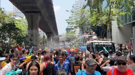Tourists join Songkran water fight festival in Bangkok, Thailand