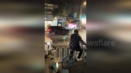 Peacock blocks traffic as it casually walks along busy road in China