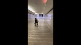 Ramp ride fail: suitcase skid sends friend tumbling