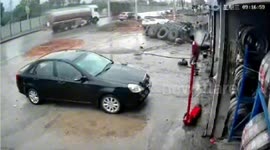 Repairman blown into air by tyre explosion in southern China