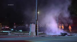 Rollover Traffic Collision Causes Neighborhood Power Outage in San Fernando , LA, USA