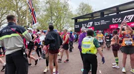 Celebrities at the finish line of the 2024 London Marathon.including former Doctor Who Christopher Ecclesto