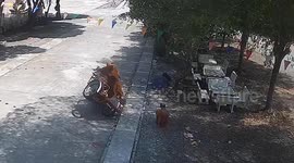 Trainee Buddhist monks roll a motorcycle sidecar