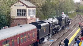 Double headed black 5 steam trains on the Great Britain tour XV1. On the Heart of Wales line.