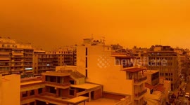 Sandstorm, dust storm, orange sky in Greece due to the sand from Sahara desert