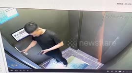 Hilarious moment as man startled by unexpected passenger entering double-door elevator from behind