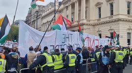Pro-Palestine marchers block out Israeli counter-protesters with large banner in London