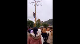 Participants try to form groups to climb to the top of the oiled bamboo tree to get the reward