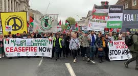Pro-Palestine protestors march down Whitehall at a 'Stop Arming Israel, Ceasefire Now!' national demonstration in Central London on Saturday, 27 April 2024.
