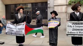 Hasidic Jew anti-Zionist pro-Palestine protestors chant anti-Israel slogans on Whitehall during a 'Stop Arming Israel, Ceasefire Now!' national demonstration in Central London on Saturday, 27 April 2024.