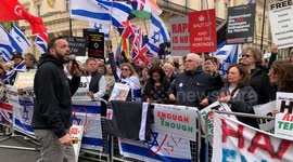 Itai Galmudy of the 'Enough is Enough' pro-Israel group rallies pro-Israel counter-protestors at the pro-Palestine 'Stop Arming Israel, Ceasefire Now!' national demonstration in Central London on Saturday, 27 April 2024.