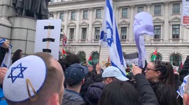 Pro-Israel counter-protestors chant “Terrorist supporters: Off our streets!” at the pro-Palestine 'Stop Arming Israel, Ceasefire Now!' national demonstration in Central London on Saturday, 27 April 2024.