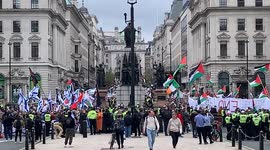 Pro-Israel counter-protestors face off against  pro-Palestine protestors at the 'Stop Arming Israel, Ceasefire Now!' national demonstration in Central London on Saturday, 27 April 2024.