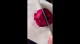 Artist uses kitchen knife and fruit dye to draw painting