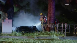 Firefighters attend scene of fatal car crash into playground in Los Angeles