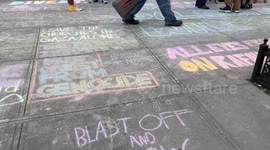 USA: Chalk drawings on sidewalk at the Gaza Solidarity Encampment in Manhattan, NYC