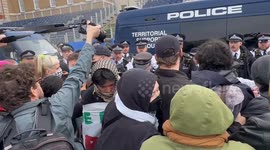 Scuffles between police and pro-Palestine protesters outside Business and Trade Department