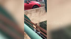 Car is pulled off the tracks after being crushed by train at crossing