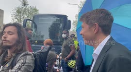 GB News presenter told to 'f*** off' by protesters blocking coach set to transport asylum seekers to Bibby Stockholm