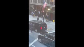 Donald trump leaving FDNY station after delivering pizzas to crew in midtown Manhattan