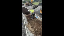 Roadside repair oops: companion's chuckle as pants slip!