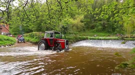Timelapse camera captures convoy of tractors crossing a river in North Yorkshire,UK