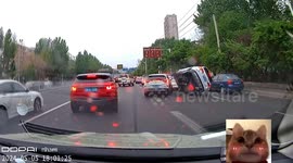 Car flips in second collision moments after police wrap up lane change incident in China