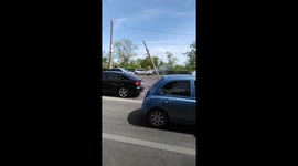 Accident car crashed on tram track supports