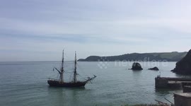 Tallship heads into UK harbour while filming Tom Hardy period drama