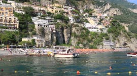 Positano coast from sea, summer panorama