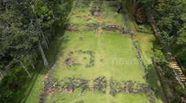 The Gunung Padang Pyramid Site In Indonesia  CIANJUR, INDONESIA - MAY 12: The Gunung Padang pyramid site in Cianjur, West Java, Indonesia, on May 12, 2024. Gunung Padang, also known as “mountain of enlightenment”, sits at the top of an extinct volcano and