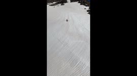 Gliding Down Snowy Slope Into Mountain Water