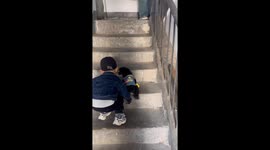 Heartwarming Chinese kid helps struggling puppy climb stairs