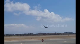 RAF Typhoon taking off from RAF Akrotiri in Cyprus. Performing a short take off with a rapid angle of ascent.