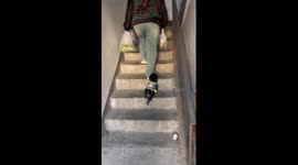Toddler helps puppy walk up steps to apartment in China