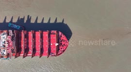 China: Ultra Large Container Cargo Ships Yangtze River Towing Operation in Suzhou
