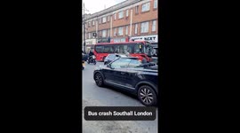 Damages from E5 bus crash hitting bus stop in Southall, London