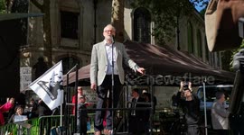 Speaker Jeremy Corbyn rallied to free Julian Assange outside the Royal Court of Justice in London, UK.