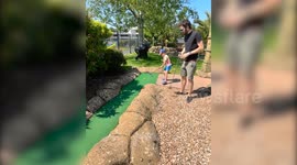 Toddler at crazy golf hits his dad straight between the legs