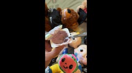 Toddler Tries to Feed Dolls Yogurt