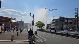 Water pipe leak causes huge fountains spraying over homes in Japan