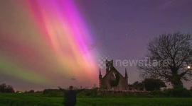 Aurora seen over church in County Kildare, Ireland