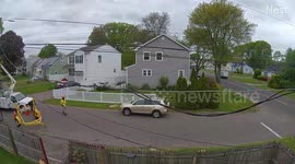 Low-Hanging Wire Sends Basketball Hoop Flying