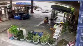 Driver loses control of car causing to crash at gas station