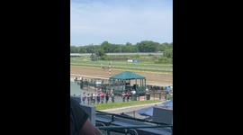 Deer sprints across horse racetrack in New Jersey