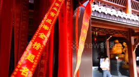 China: Blessing ribbons flutter in the breeze at an ancient Buddhist temple